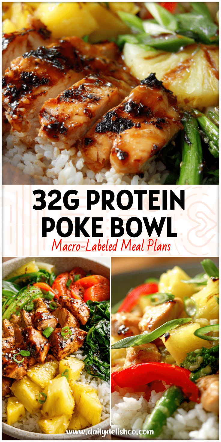 Vibrant Pineapple Chicken Bowl with Hawaiian Rice, grilled chicken, steamed veggies, and tropical Hawaiian flavors.